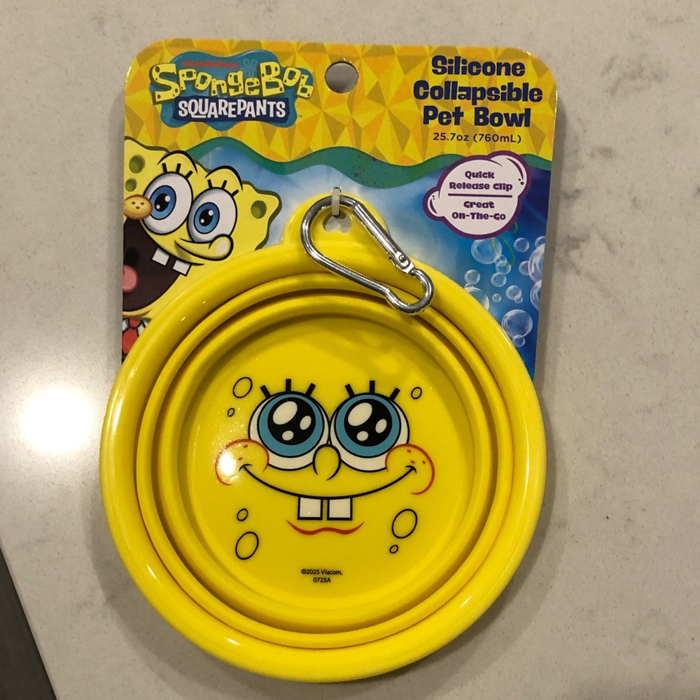 SpongeBob Squarepants Bright Yellow Silicone Travel Pet Bowl with Carabiner